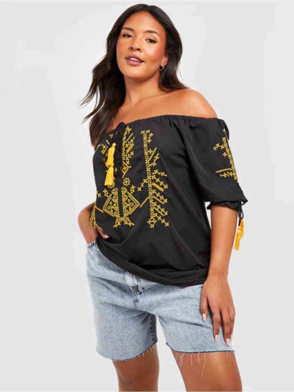 Boohoo Black Off-Shoulder Top with Yellow Artisanal Embroidery